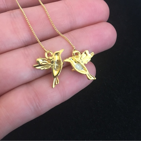 Hummingbird Blue Stone Gold Tone Long Dangle Earrings - Picture 3 of 7